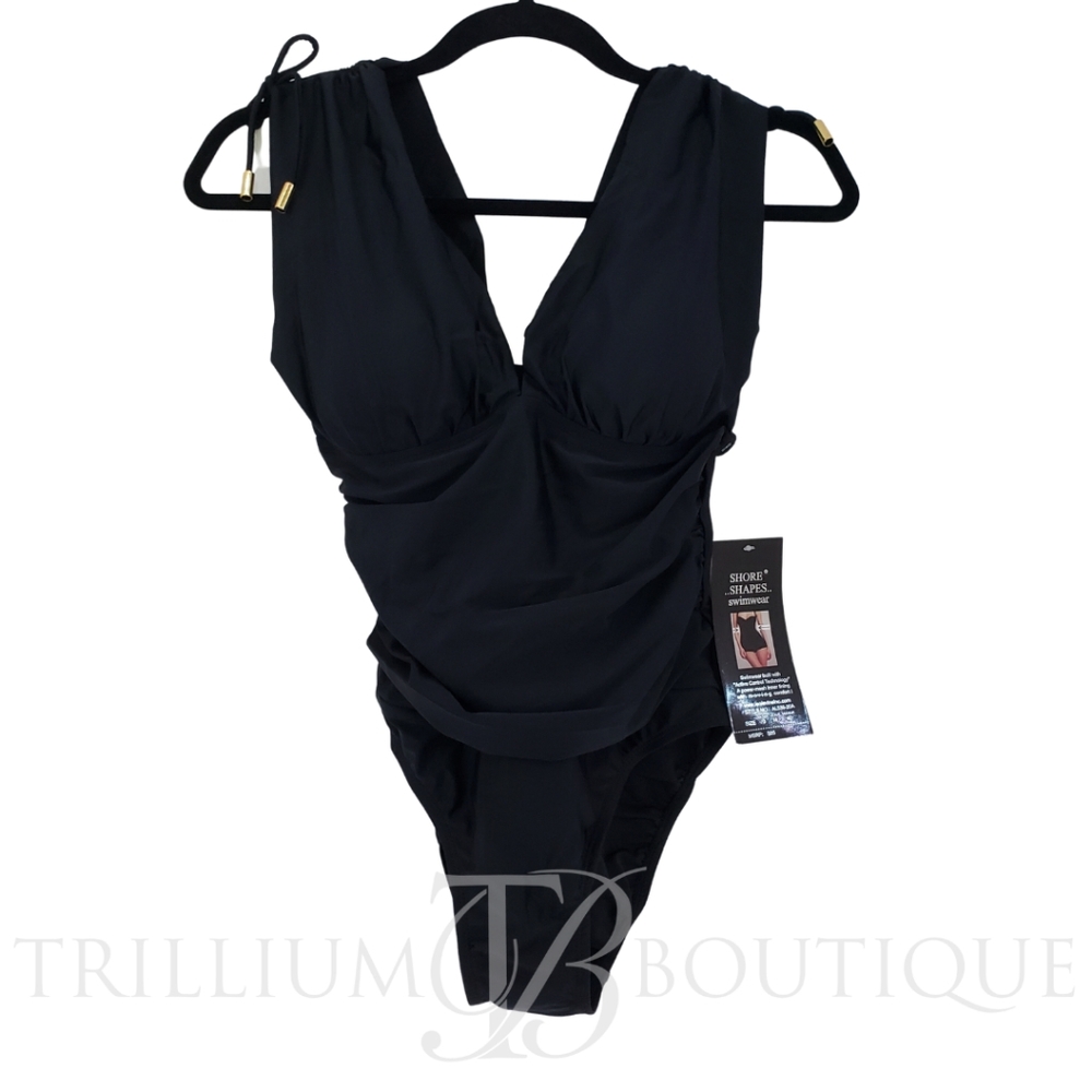 SHORE SHAPES Women's Ruched One-piece Swimsuit Black NWT!